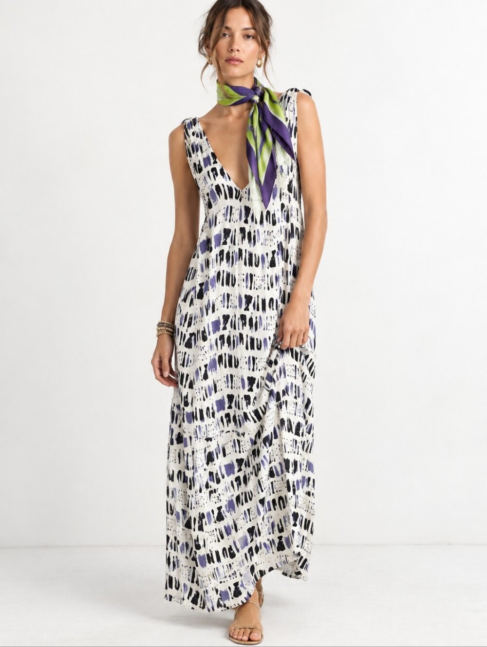 Banana Republic Maxi Purple White Dress ties at shoulders Deep V Neckline